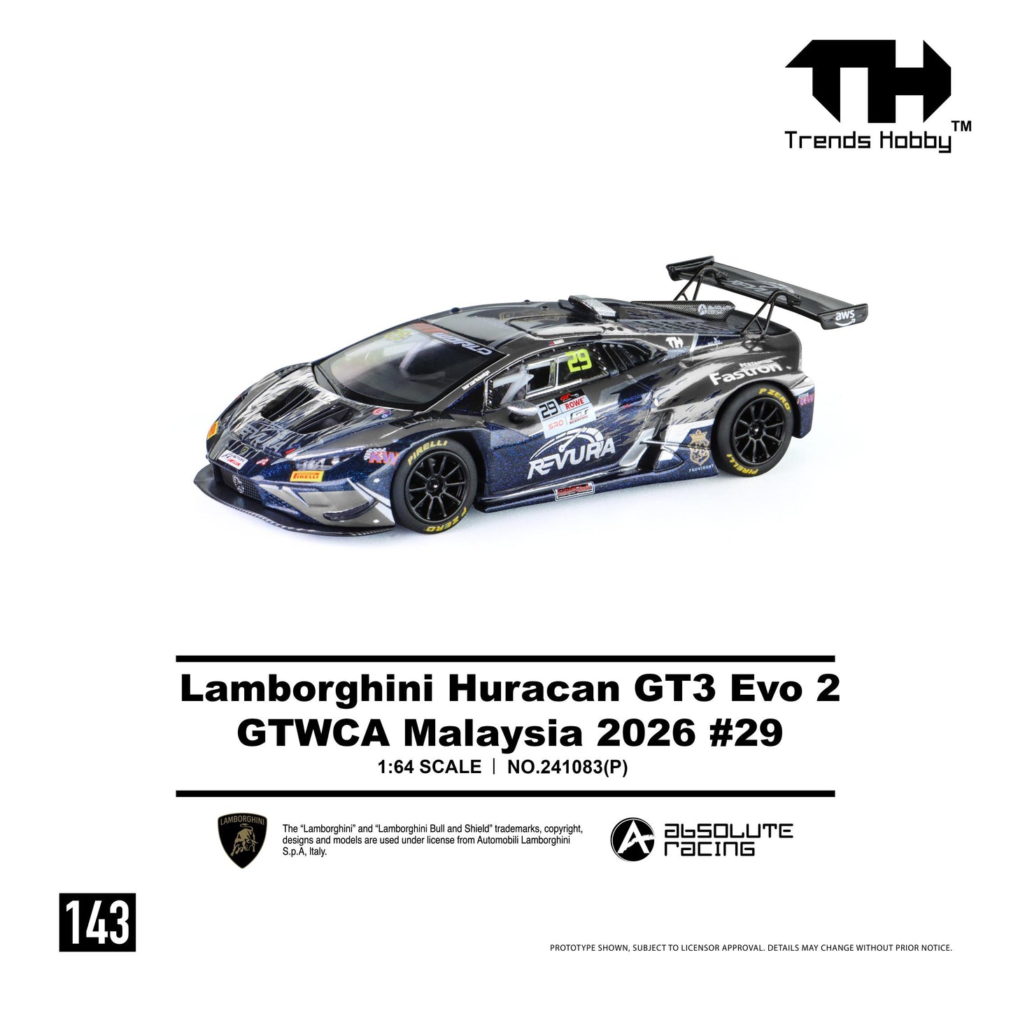 PREORDER Trends Hobby 1/64 Lamborghini Huracan GT3 EVO2 - GTWCA Malaysia 2026 #29 (Paper Box) 241083(P) (Approx. Release Date: Q1 2027 and subject to the manufacturer's final decision)