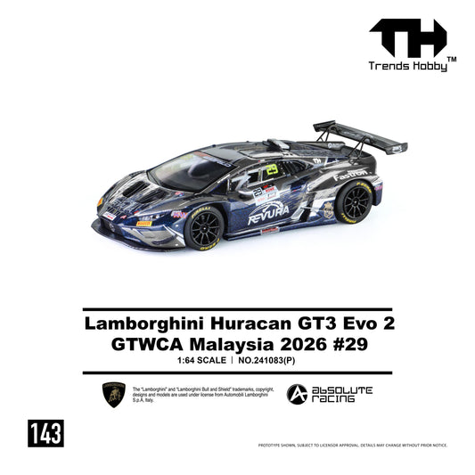 PREORDER Trends Hobby 1/64 Lamborghini Huracan GT3 EVO2 - GTWCA Malaysia 2026 #29 (Paper Box) 241083(P) (Approx. Release Date: Q1 2027 and subject to the manufacturer's final decision)