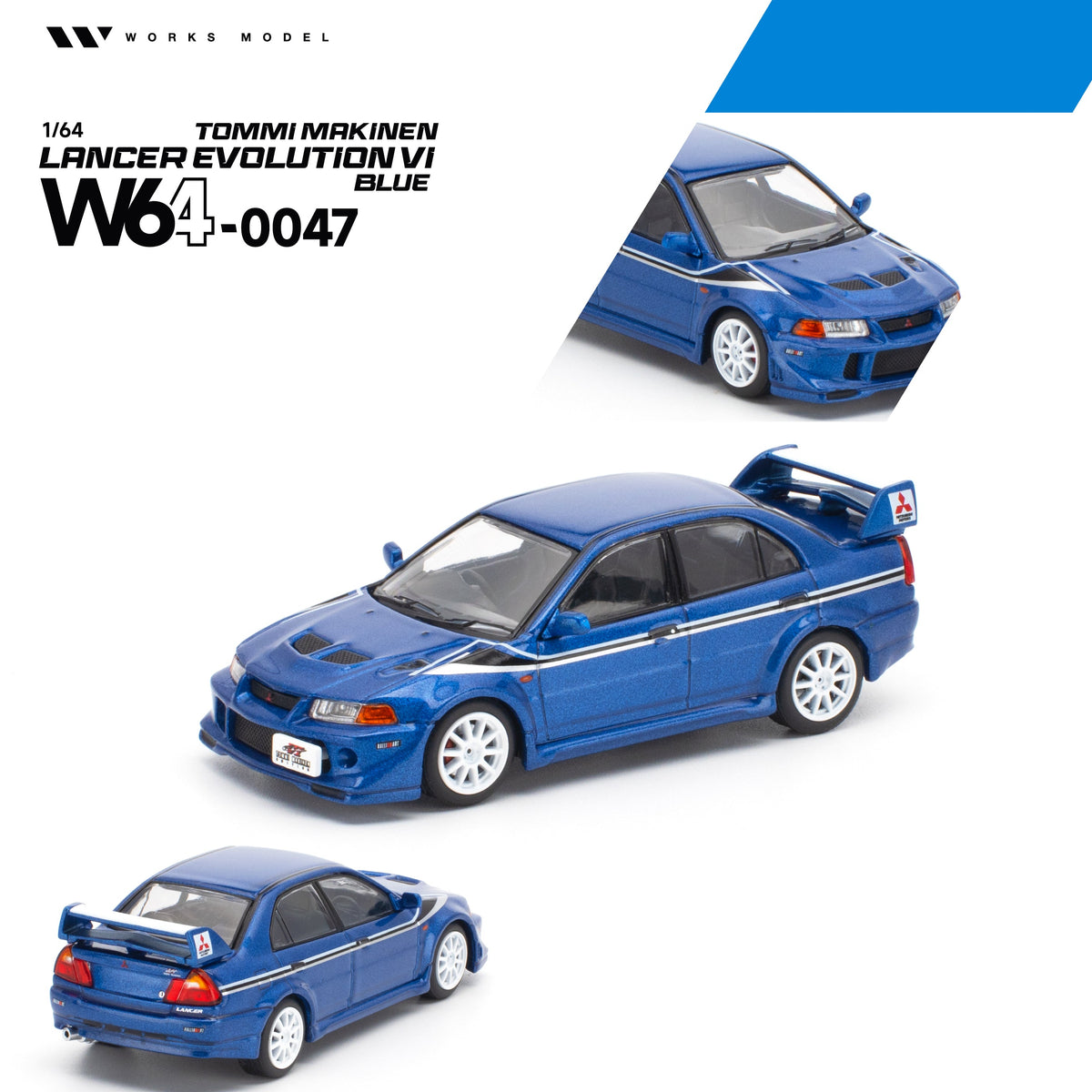 PREORDER WORKS 1/64 MITSUBISHI LANCER EVOLUTION VI TOMMI MAKINEN BLUE W640047 (Approx. Release Date: Q1 2027 and subject to the manufacturer's final decision)