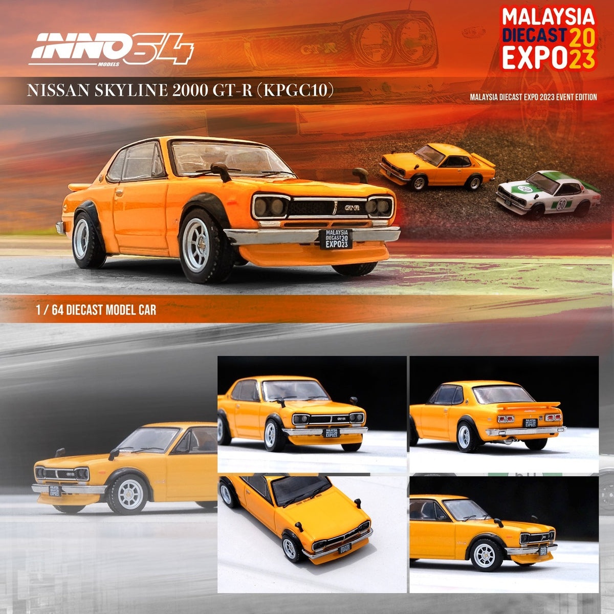 INNO64 1/64 NISSAN SKYLINE 2000 GT-R (KPGC10) ORANGE MALAYSIA DIECAST EXPO  2023 Event Edition IN64-KPGC10-MDX23OR