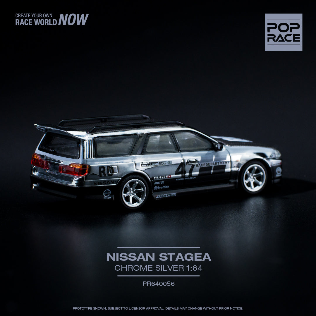 POPRACE 1/64 Nissan Stagea - Chrome Silver PR640056