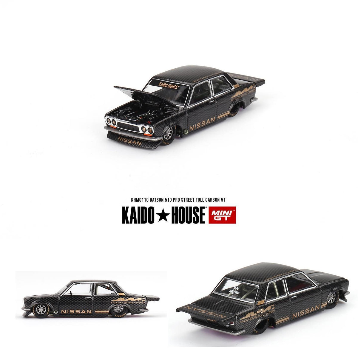 PREORDER MINI GT x Kaido House 1/64 Datsun 510 Pro Street Full Carbon V1  KHMG110 (Approx. Release Date : Q2 2024 subject to manufacturer's final 