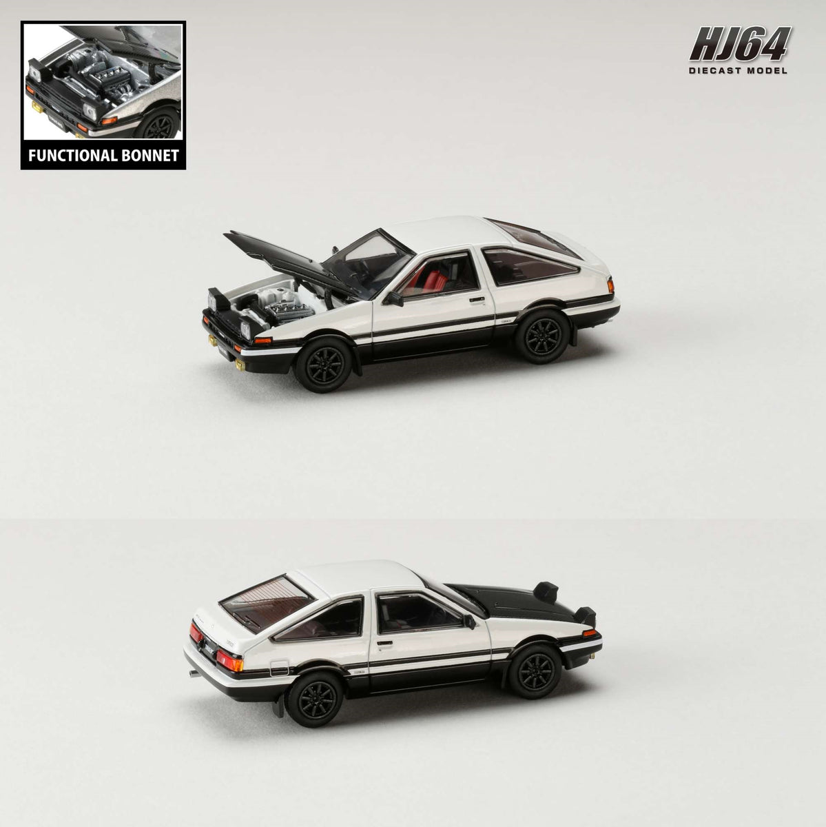 PREORDER HOBBY JAPAN 1/64 Toyota SPRINTER TRUENO GT APEX (AE86) JDM Style  with CARBON BONNET White/Black HJ641052BWB (Approx. Release Date : Q2 2024  