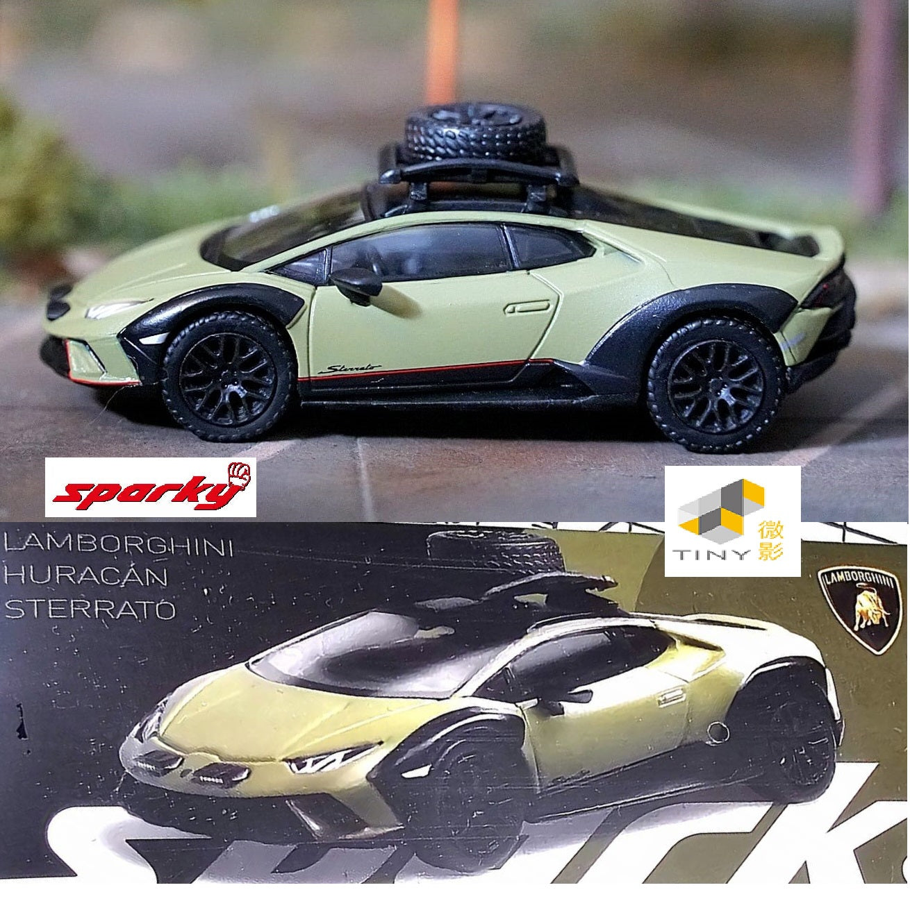 TINY x SPARKY 1/64 Lamborghini Huracán Sterrato with a roof rack and a wheel - Green YOLS64002 (Tiny Exclusive)
