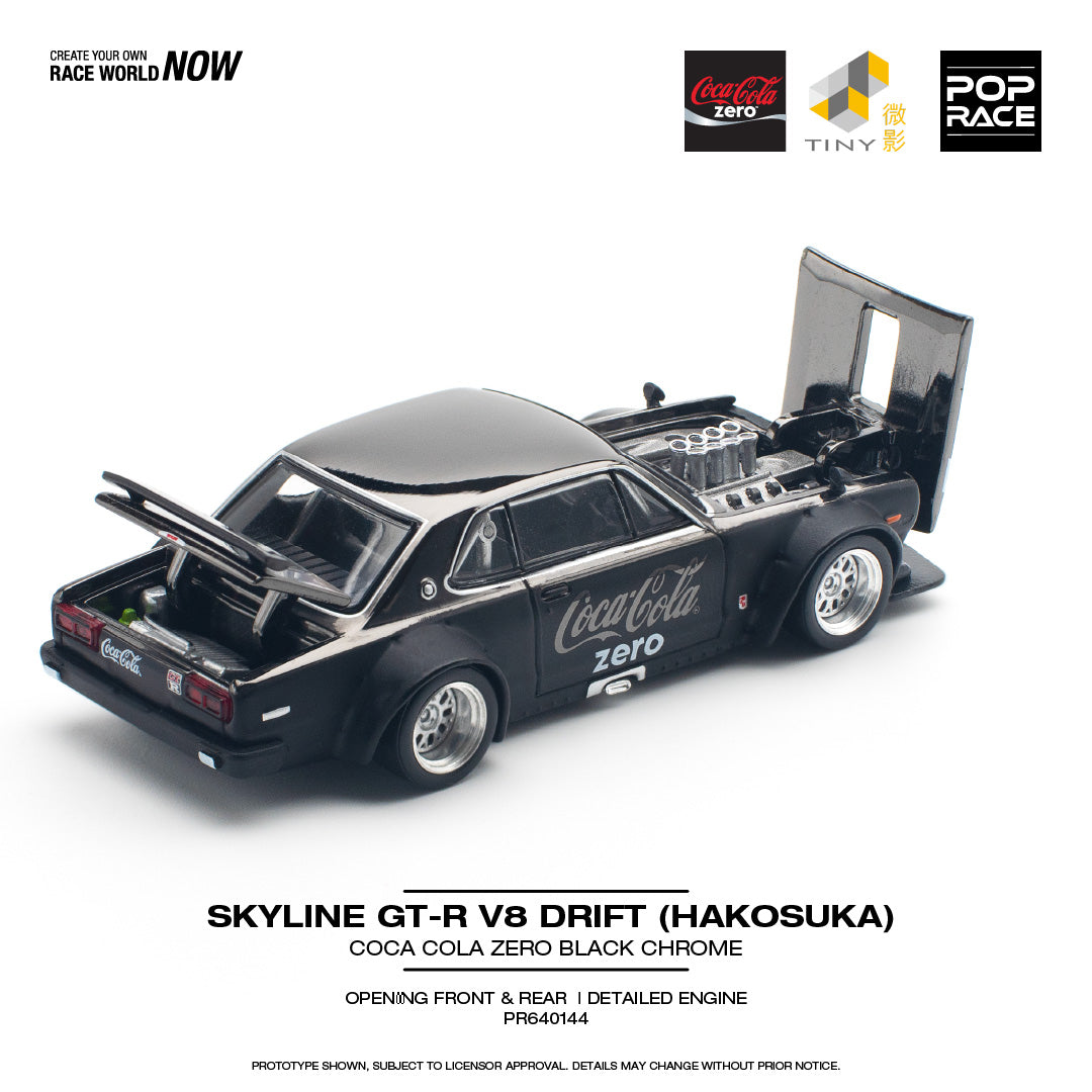 POPRACE 1/64 SKYLINE GT-R V8 DRIFT (HAKOSUKA) COCA COLA ZERO CHROME BLACK PR640144
