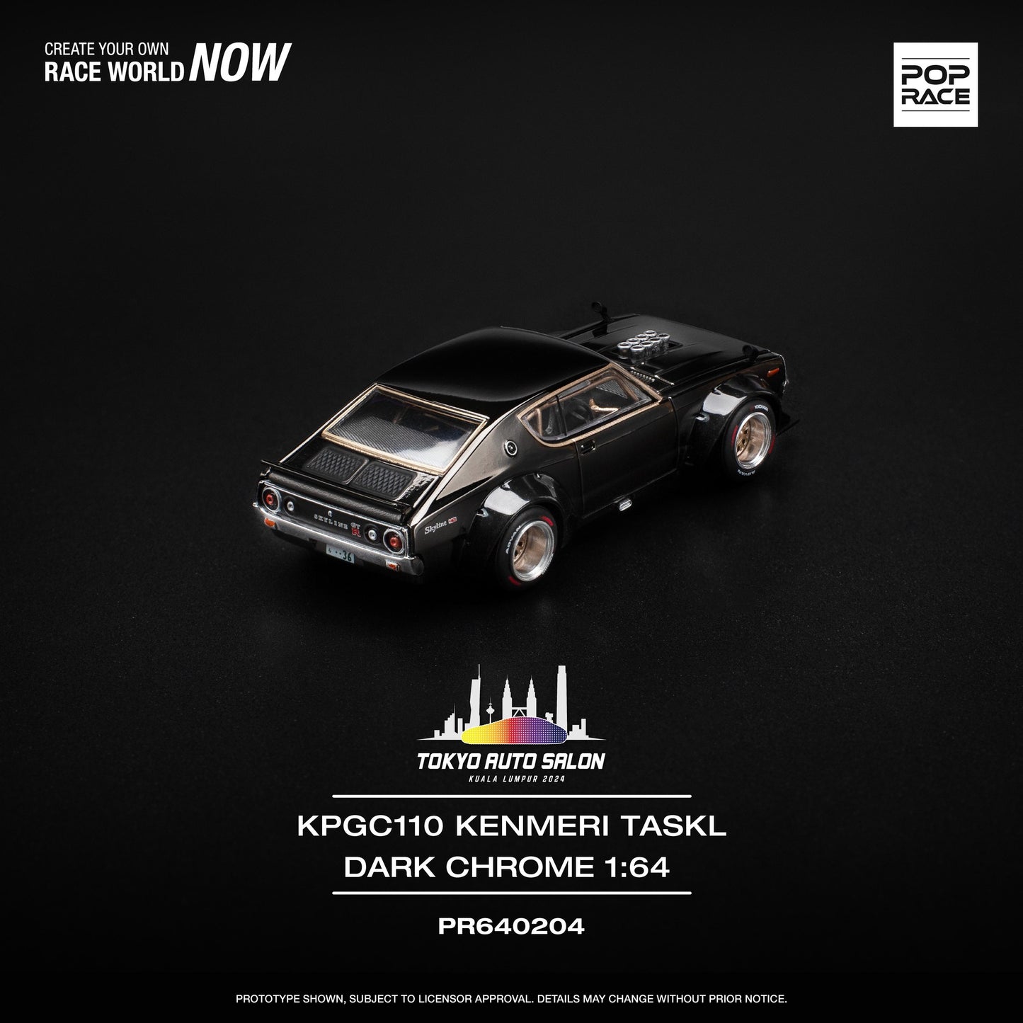 POPRACE 1/64 KPGC110 Kenmeri Dark Chrome TOKYO AUTO SALON KUALA LUMPUR 2024 Exclusive Edition PR640204