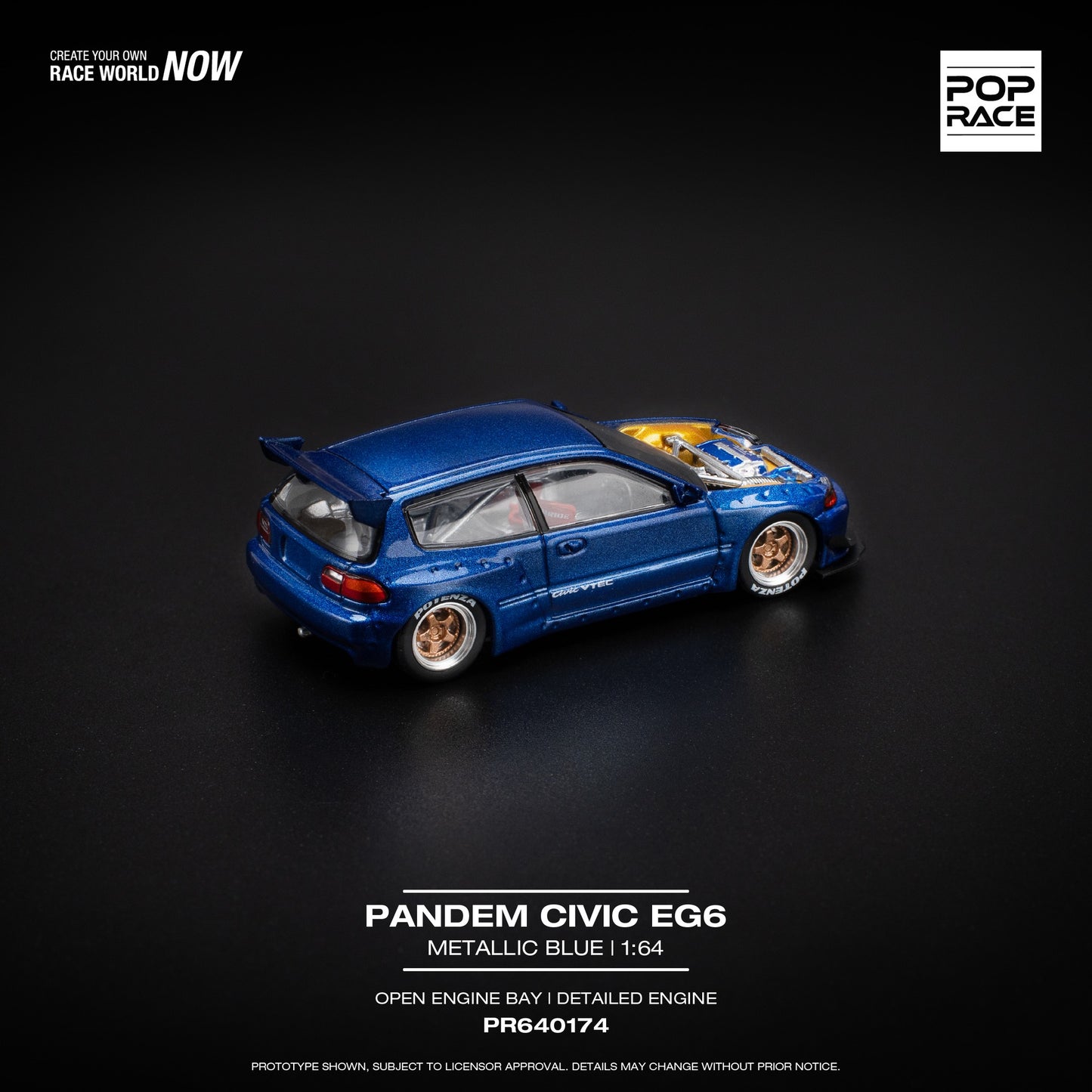 POPRACE 1/64 PANDEM CIVIC EG6 METALLIC BLUE WITH OPEN HOOD PR640174