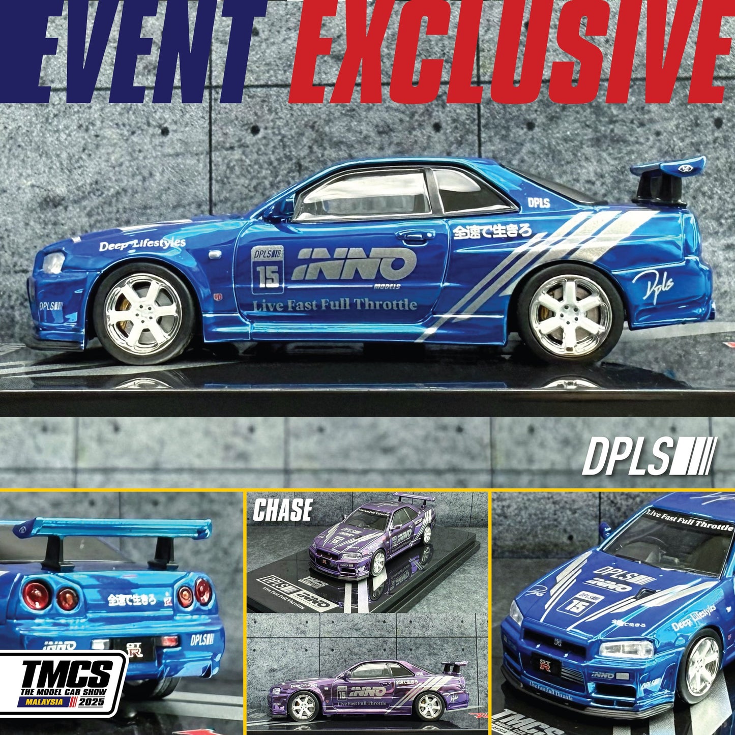 DPLS x INNO64 1/64 Nissan Skyline GT-R (R34) TMCS Malaysia 2025 Exclusive Model IN64-DPLS-R34-TMCS25 (Chase cars are randomly packed)