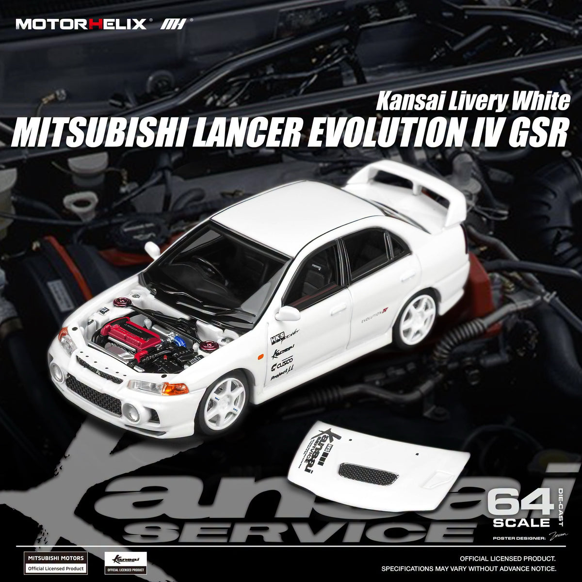 Motorhelix 1/64 Mitsubishi Lancer Evolution IV GSR Diecast Model Kansai Livery White M64025