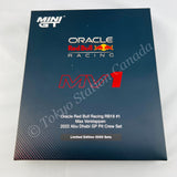 MINI GT 1/64 Oracle Red Bull Racing RB18 #1 Max Verstappen 2022 Abu Dhabi GP Pit Crew Set including Pitstop Base (MGTS0007 and MGTAC29)