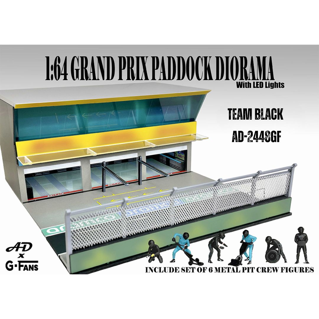 American Diorama 1/64 Grand Prix Paddock Diorama with Formula Pit Crew Figures-Team Black AD-2448GF