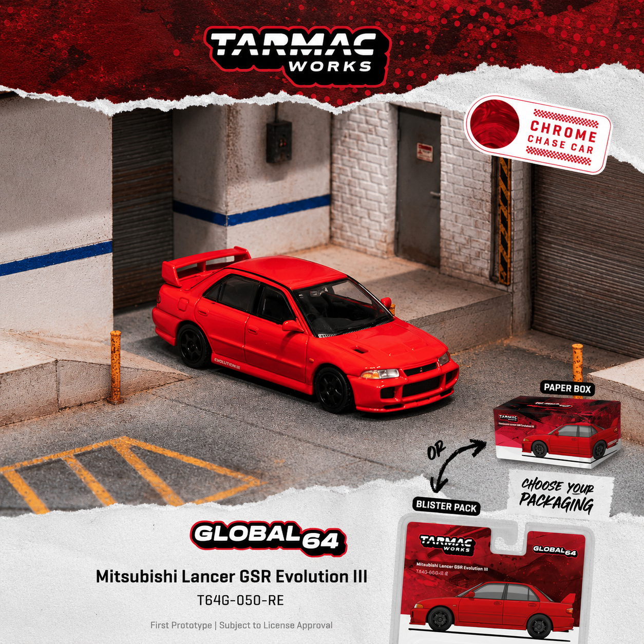 PREORDER Tarmac Works GLOBAL64 1/64 Mitsubishi Lancer GSR Evolution III Red T64G-050-RE (Approx. Release Date : Q4 2026 subject to manufacturer's final decision) **CHASE CARS ARE RANDOMLY PACKED**