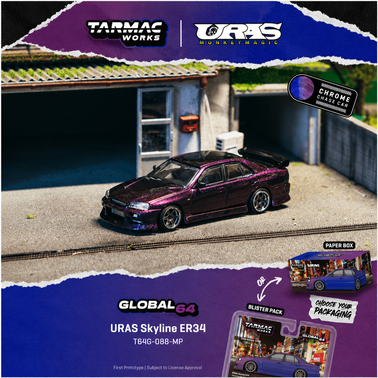PREORDER Tarmac Works 1/64 URAS Skyline ER34 Midnight Purple T64G-088-MP (Approx. Release Date : Q4 2026 subject to manufacturer's final decision) **Chase cars are randomly packed**