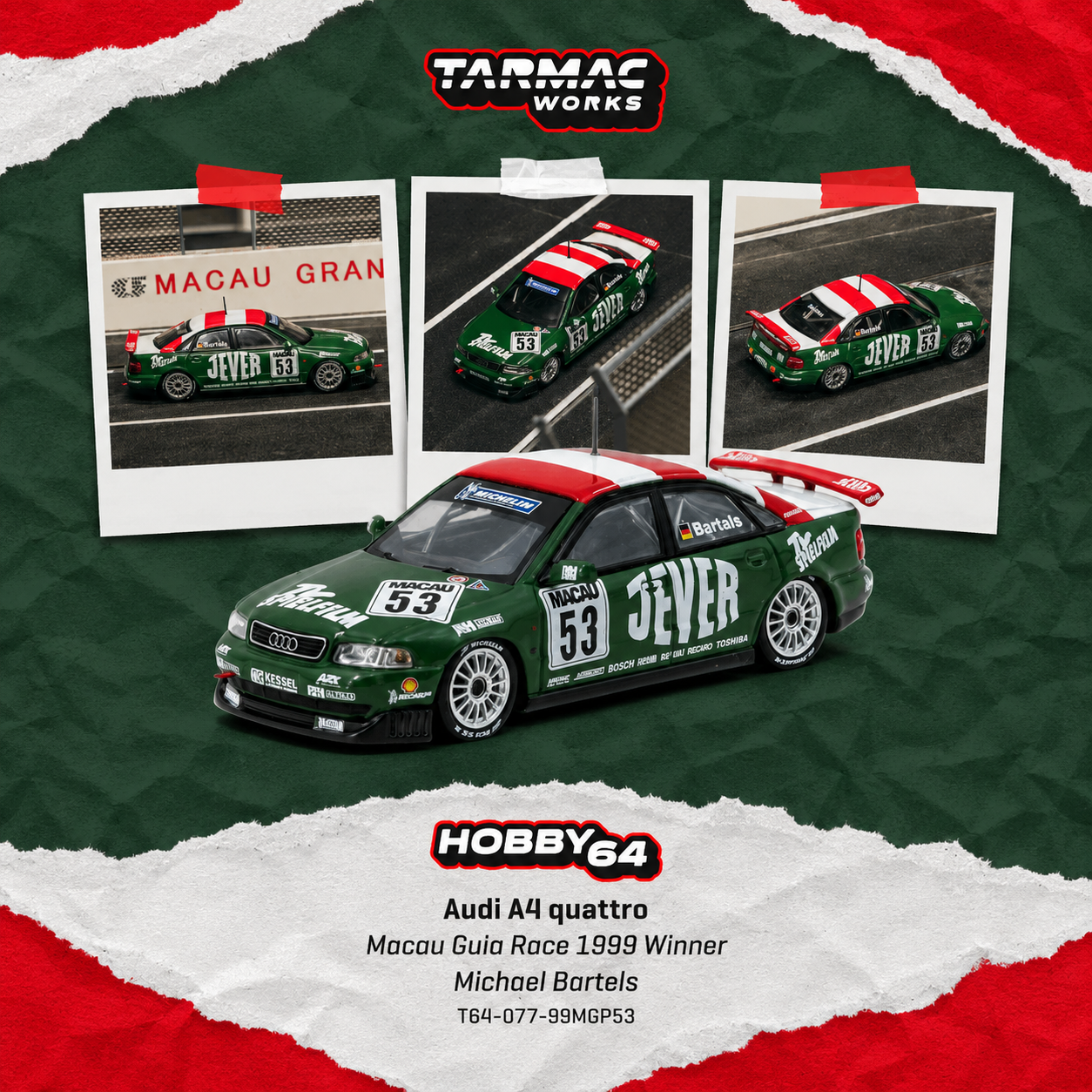 PREORDER Tarmac Works HOBBY64 1/64 Audi A4 quattro Macau Guia Race 1999 Winner Michael Bartels T64-077-99MGP53 (Approx. Release Date : SEP 2026 subject to manufacturer's final decision)
