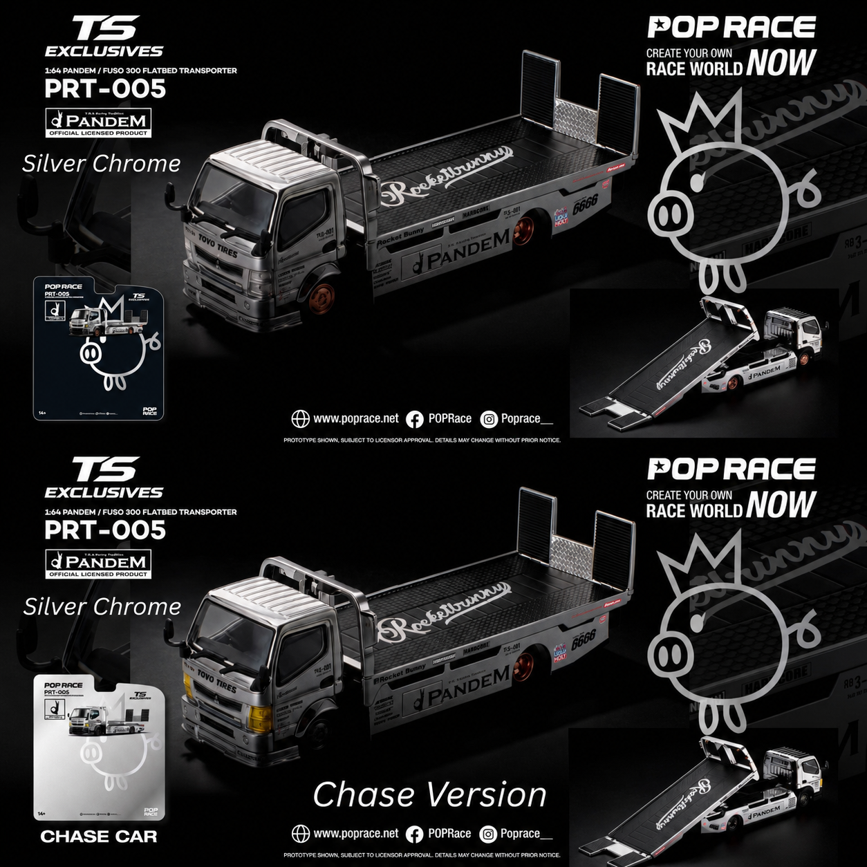 PREORDER POPRACE x TS Exclusives 1/64 PANDEM FUSO 300 FLATBED TRANSPORTER SILVER CHROME PRT005 (Approx. Release Date: Q1 2027 and subject to the manufacturer's final decision) **Chase cars are randomly packed**