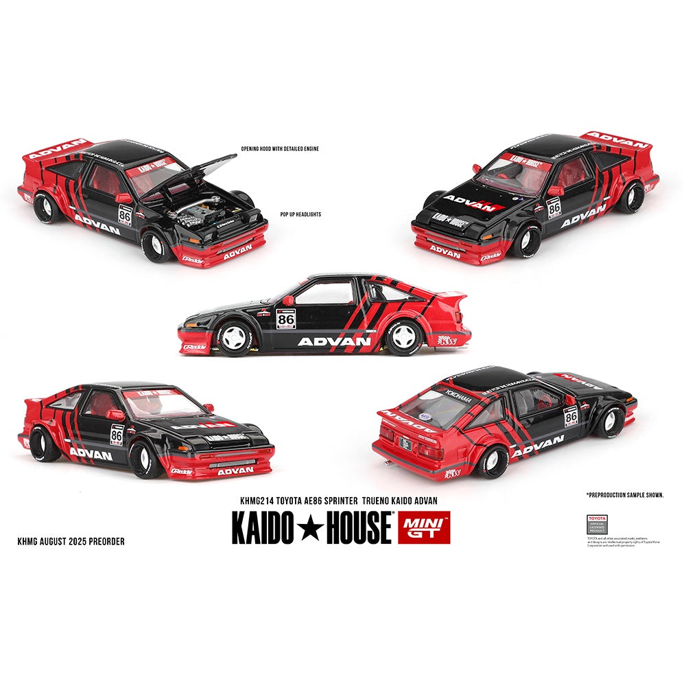 PREORDER MINI GT x Kaido House 1/64 Toyota AE86 Sprinter Trueno Kaido ADVAN – Red/Black KHMG214 (Approx. Release Date : Q4 2025 subject to manufacturer's final decision)