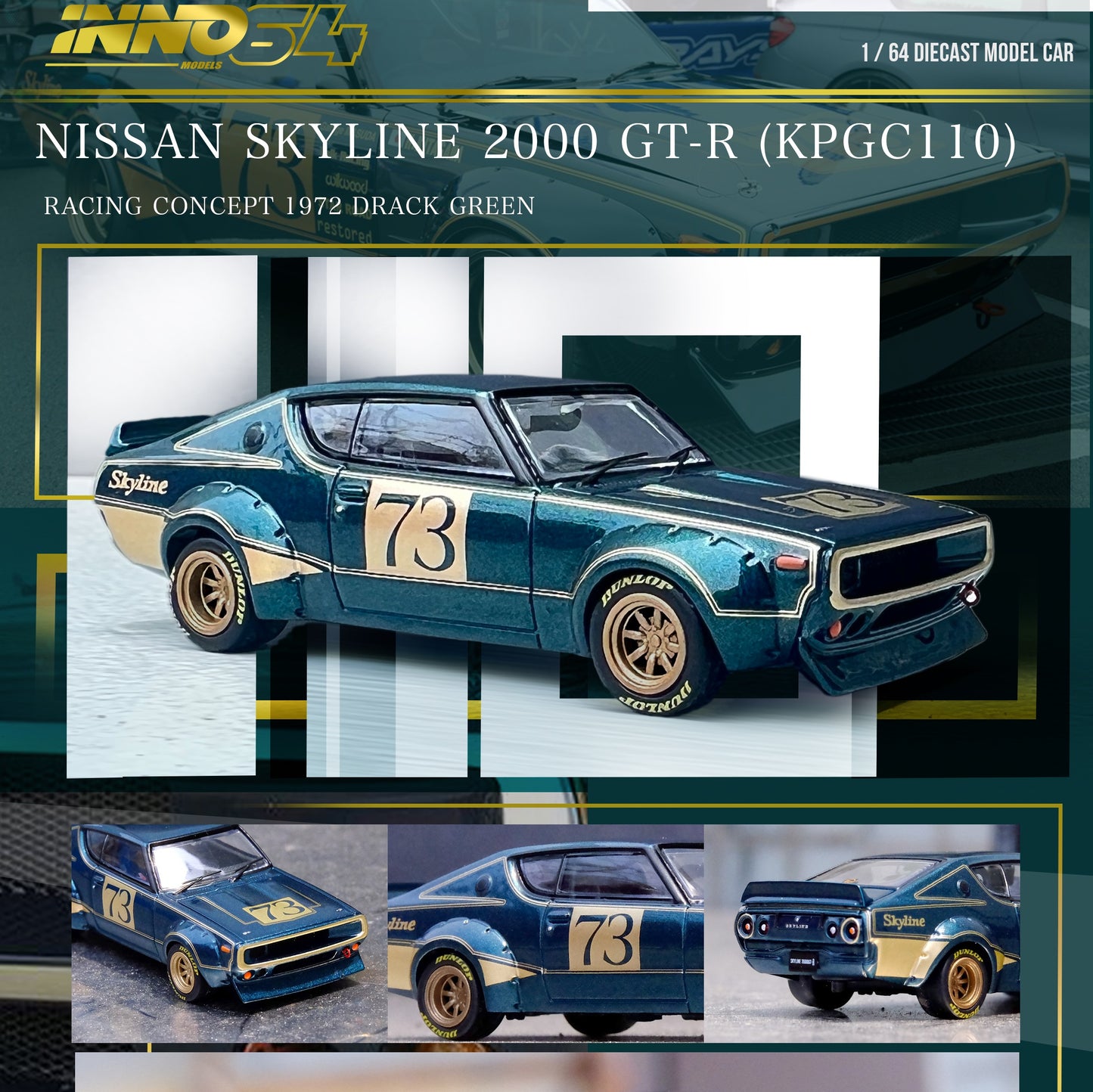 INNO64 1/64 NISSAN SKYLINE 2000 GT-R (KPGC110) Racing Concept Green IN64-KPGC110RC-GRN