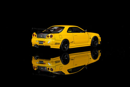 PREORDER Motorhelix 1/64 Nissan Skyline GT-R (R34) Custom Edition - Lightning Yellow Custom with GT Aero Kit M63475 (Approx. Release Date: Q3 2026 and subject to the manufacturer's final decision)