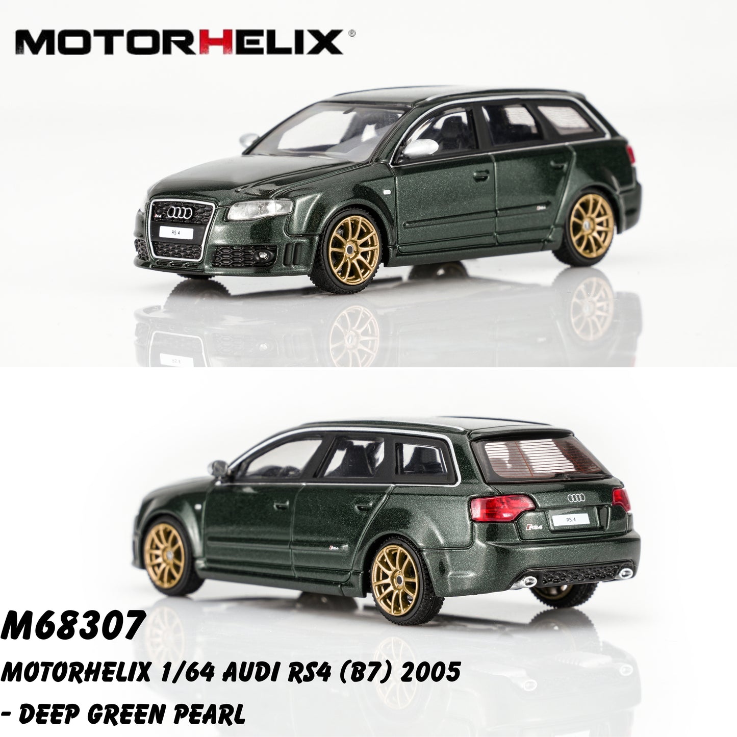PREORDER Motorhelix 1/64 Audi RS4 (B7) 2005 - Deep Green Pearl M68307 (Approx. Release Date: Q1 2027 and subject to the manufacturer's final decision)