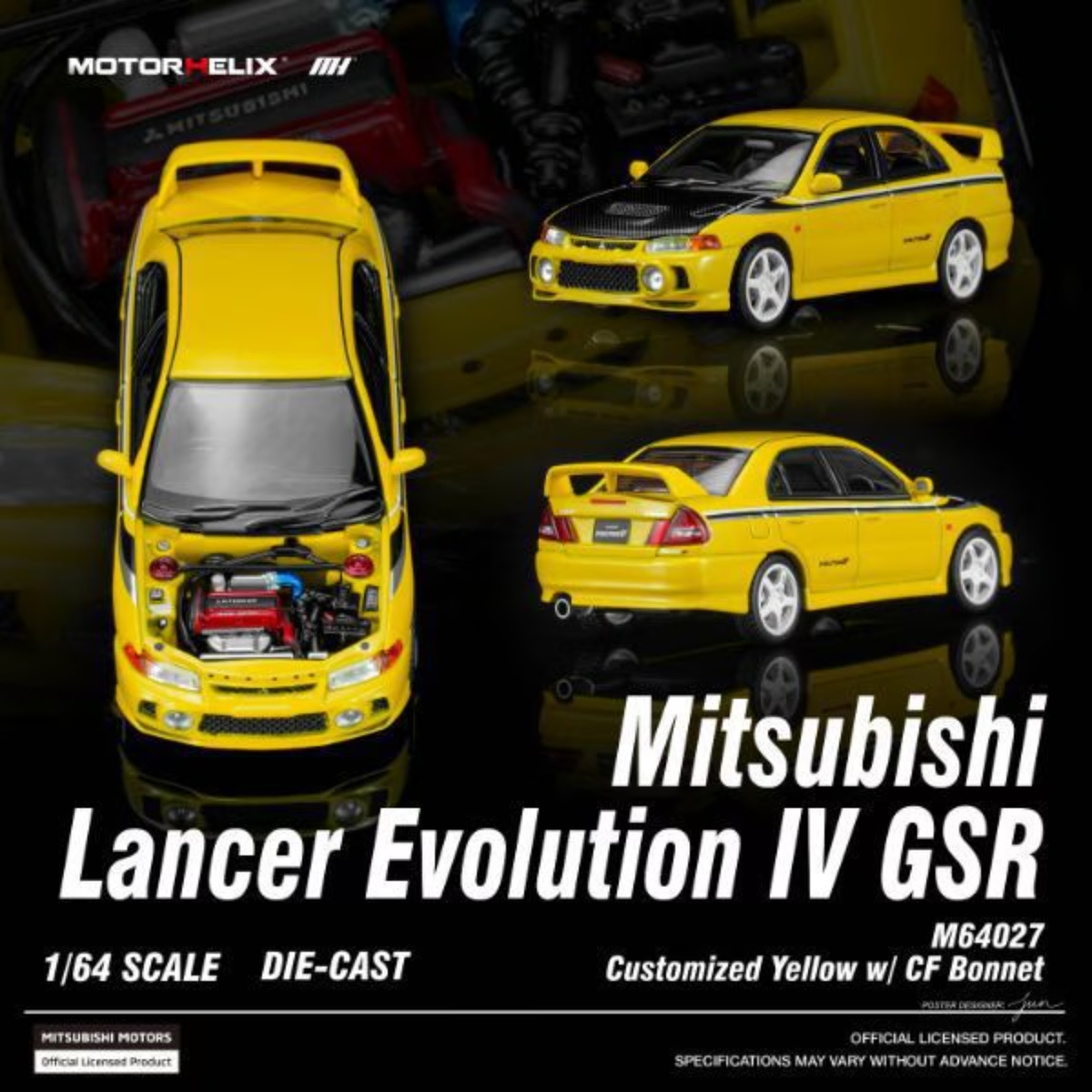 Motorhelix 1/64 Mitsubishi Lancer Evolution IV GSR Customized Yellow w/ CF Bonnet M64027