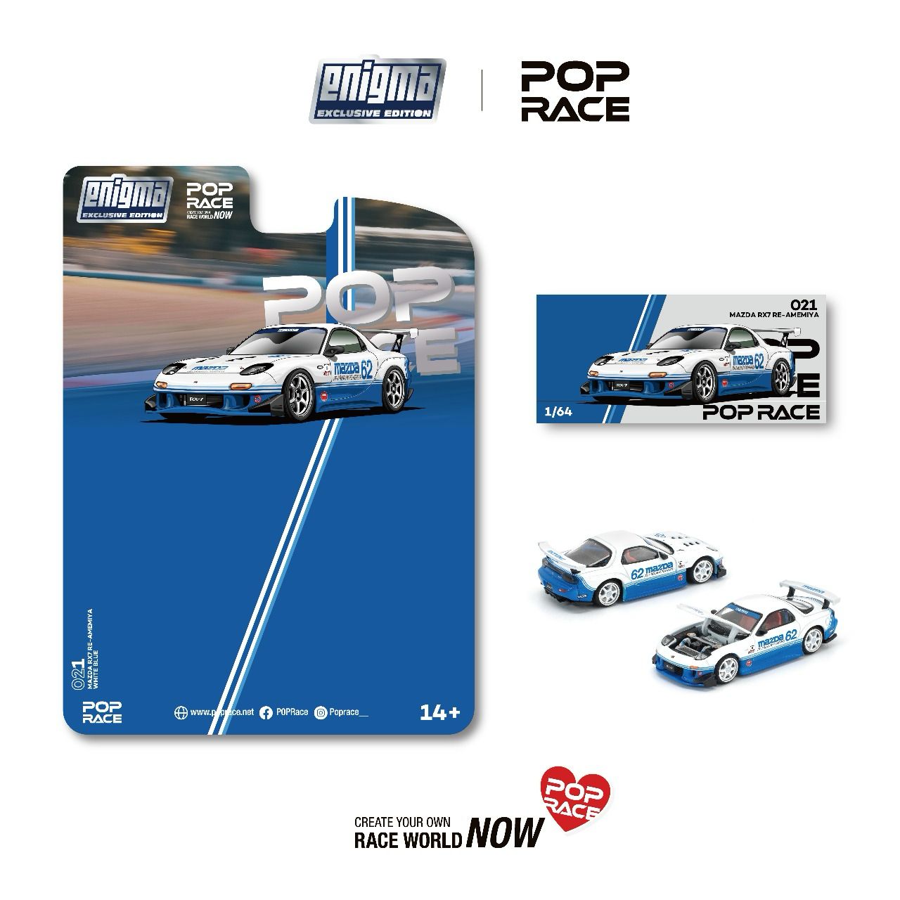 PREORDER POPRACE 1/64 MAZDA RX7 (FD3S) BLUE / WHITE (enigma exclusive edition) PRE021 (Approx. Release Date: Q4 2025 and subject to the manufacturer's final decision)