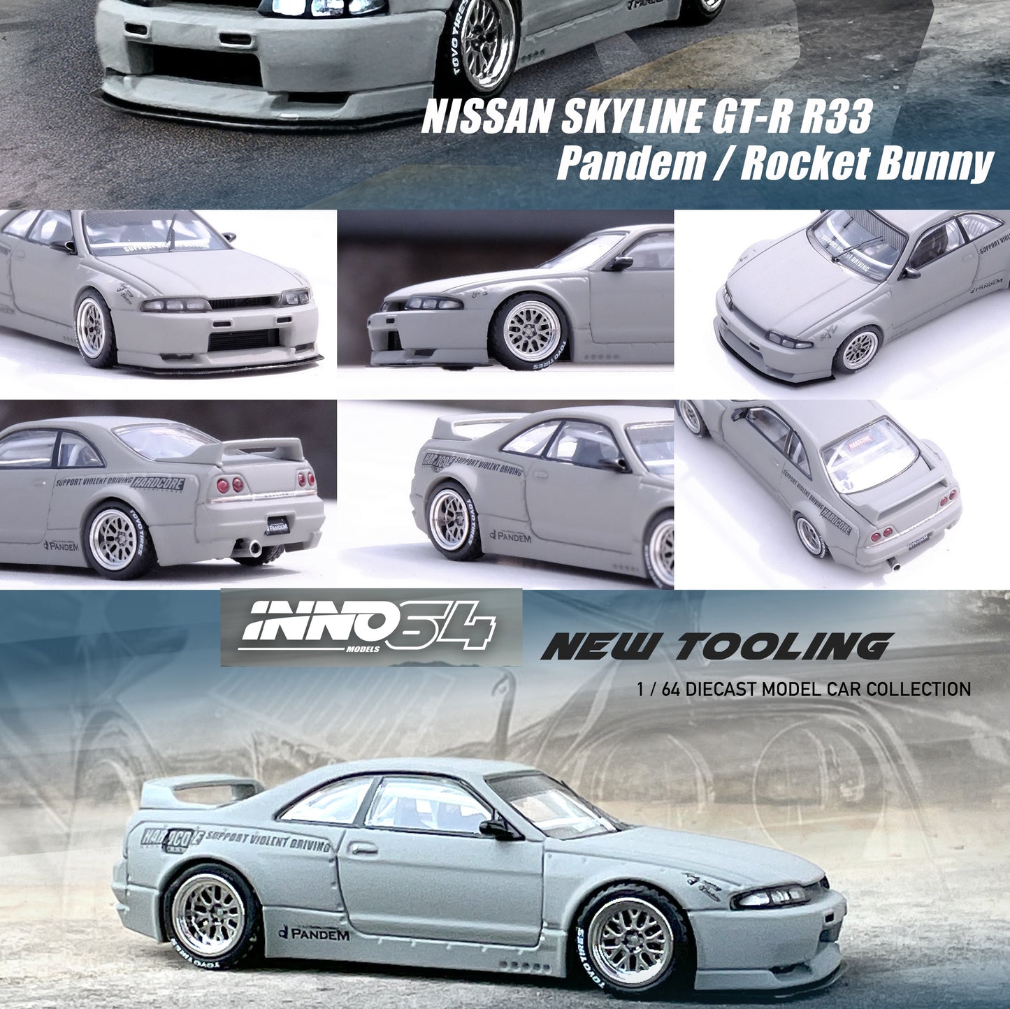INNO64 1/64 NISSAN SKYLINE GT-R (R33) "Pandem / Rocket Bunny" Cement Grey Matte IN64-R33P-CGM