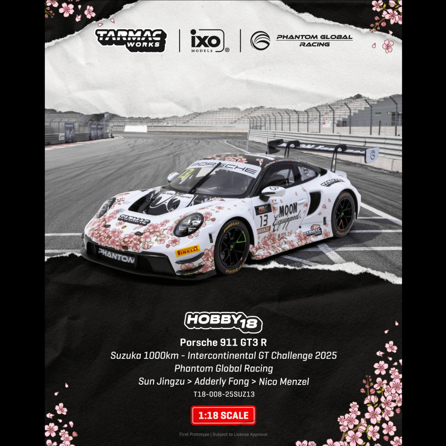 PREORDER Tarmac Works HOBBY18 1/18 Porsche 911 GT3 R Suzuka 1000km - Intercontinental GT Challenge 2025 Phantom Global Racing (Display Case) T18-008-25SUZ13 (Approx. Release Date : Q4 2026 subject to manufacturer's final decision)