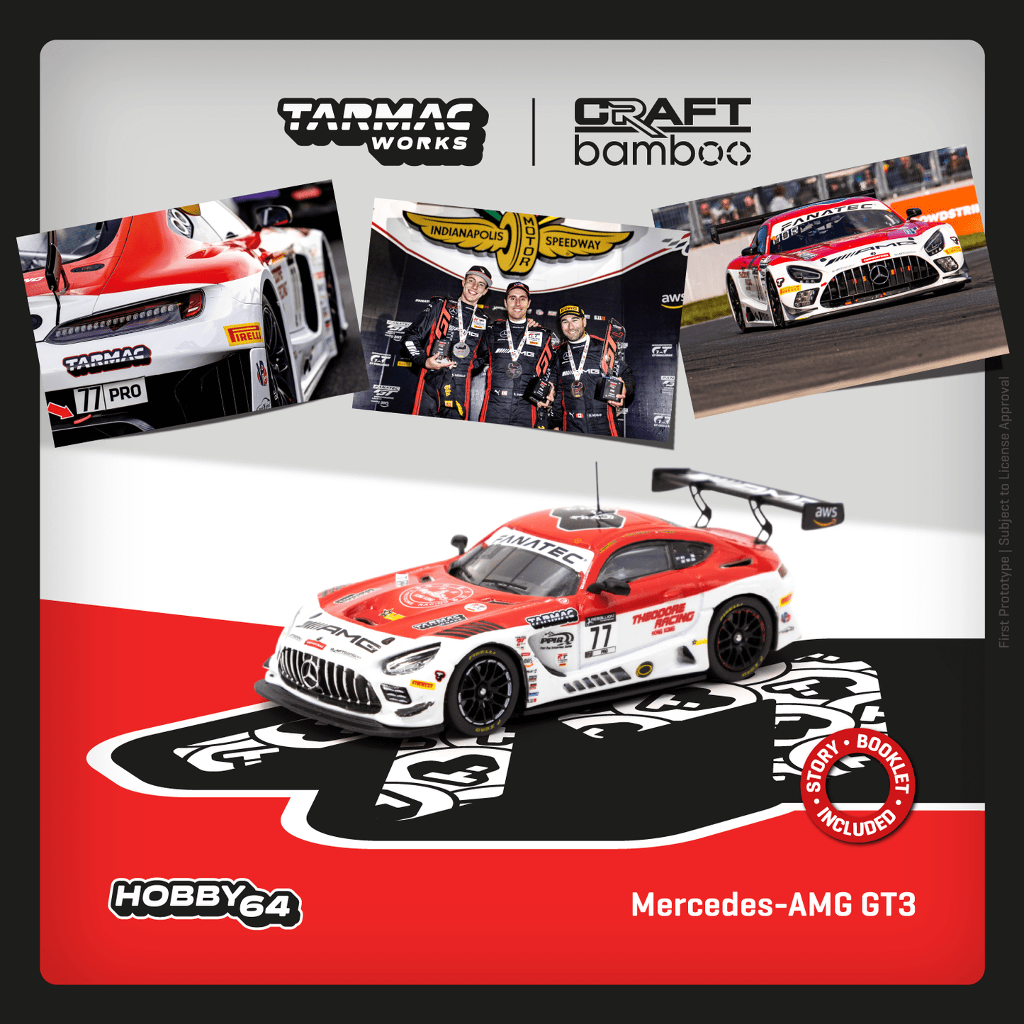 TARMAC WORKS HOBBY64 1/64 Mercedes-AMG GT3 Indianapolis 8 Hour 2022 Winner Craft-Bamboo Racing R. Marciello / D. Juncadella / D. Morad T64-062-22IND77