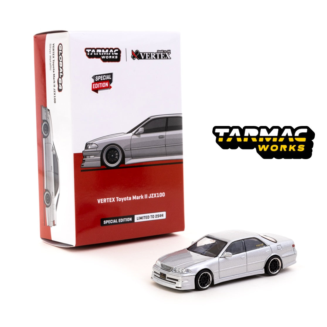 TARMAC WORKS GLOBAL64 1/64 VERTEX Toyota Mark II JZX100 Silver Metallic HK Toycar Salon 2023 T64G-024-SL