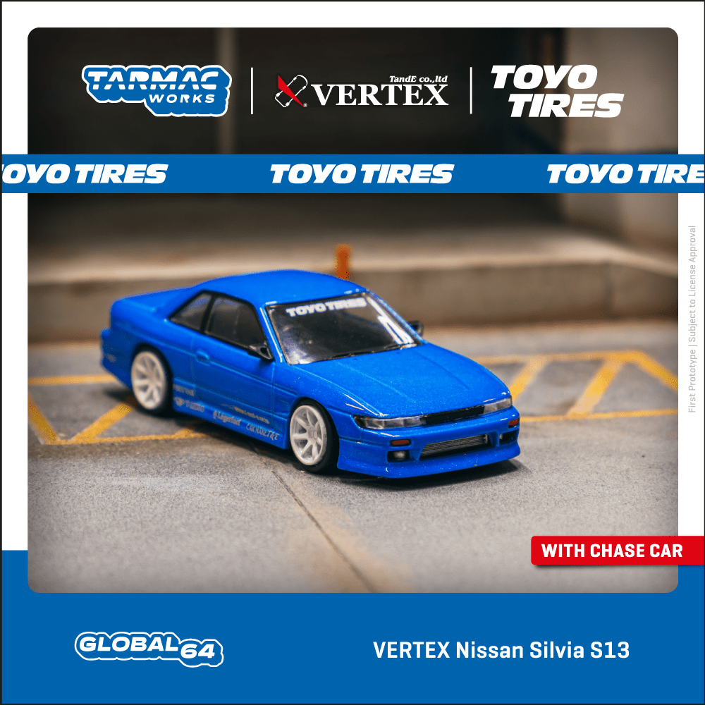 PREORDER Tarmac Works GLOBAL64 1/64 VERTEX Nissan Silvia S13 Blue Metallic  TOYO TIRES T64G-025-BL (Approx. Release Date : AUGUST 2024 subject to 