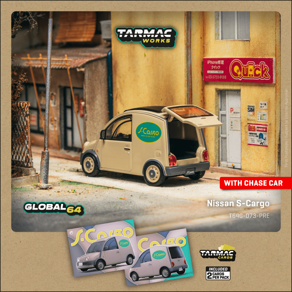 TARMAC WORKS GLOBAL64 1/64 Nissan S-Cargo Presentation Model Car + Trading Cards Combo Set T64G-073-PRE