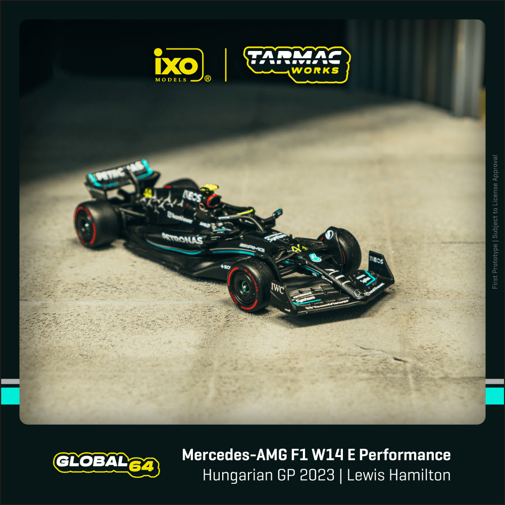 TARMAC WORKS GLOBAL64 1/64 Mercedes-AMG F1 W14 E Performance Hungarian Grand Prix 2023 Pole Position Lewis Hamilton T64G-F064-LH1