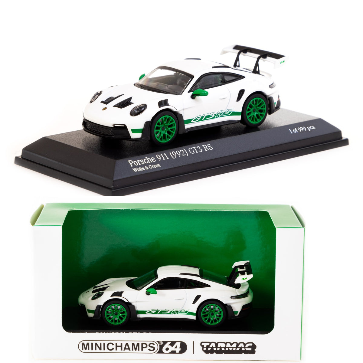 PREORDER MINICHAMPS x Tarmac Works 1/64 Porsche 911 (992) GT3 RS White /  Green T64MC-005-WG (Approx. Release Date : DEC 2023 subject to  manufacturer's 