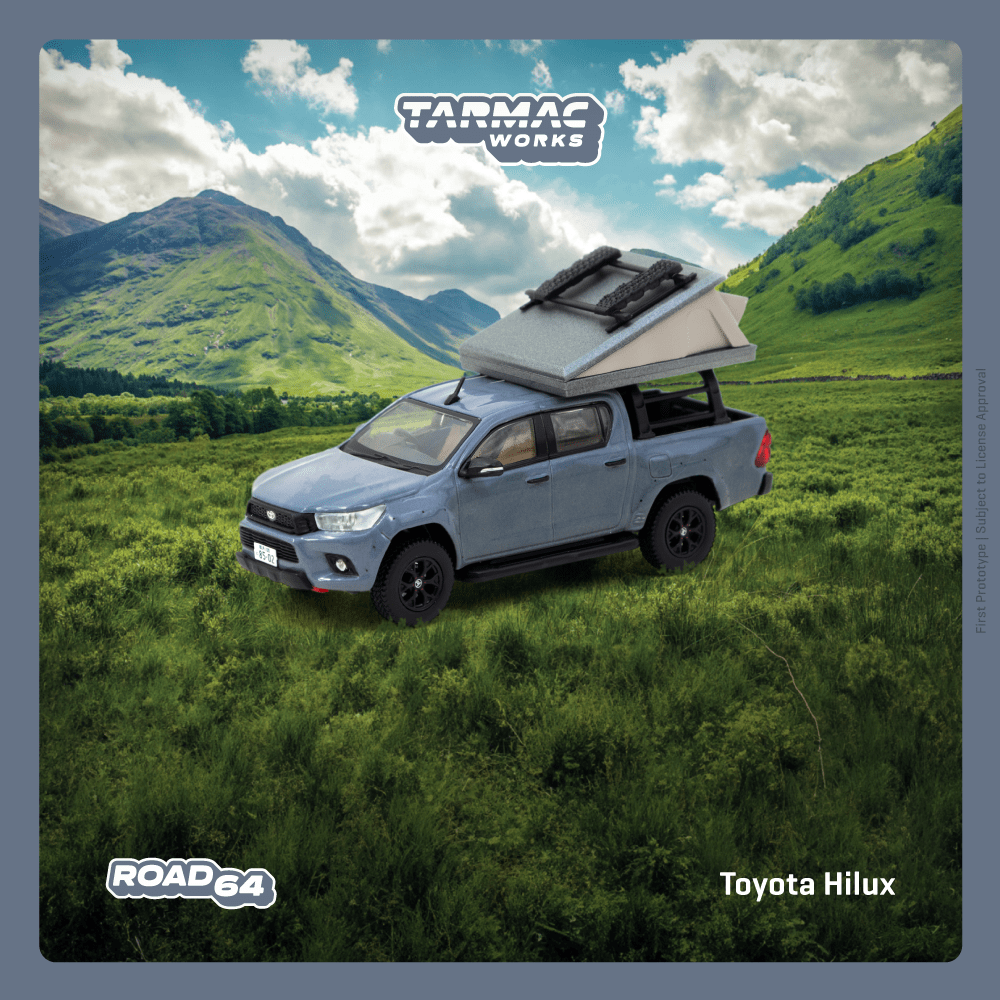 Tarmac Works ROAD64 1/64 Toyota Hilux Grey - With camping tent T64R-041-CAMP