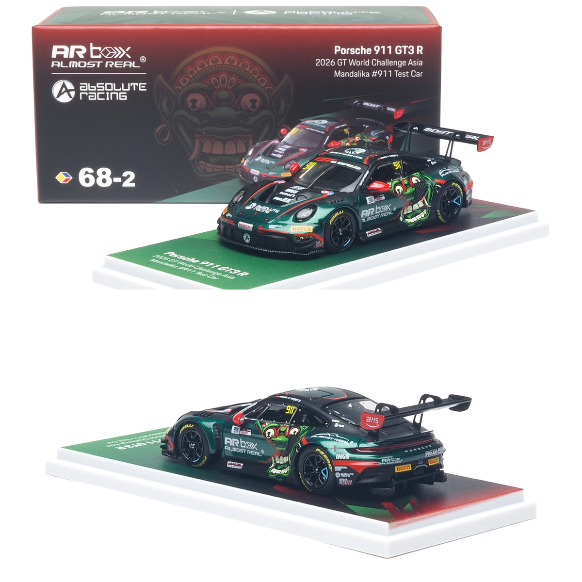 PREORDER ALMOST REAL 1/64 Porsche 911 GT3 R 2026 GT World Challenge Asia Mandalika #911 Test Car 640006011 **CHASE CARS ARE RANDOMLY PACKED** (Approx. Release Date: OCT 2026 and subject to the manufacturer's final decision)