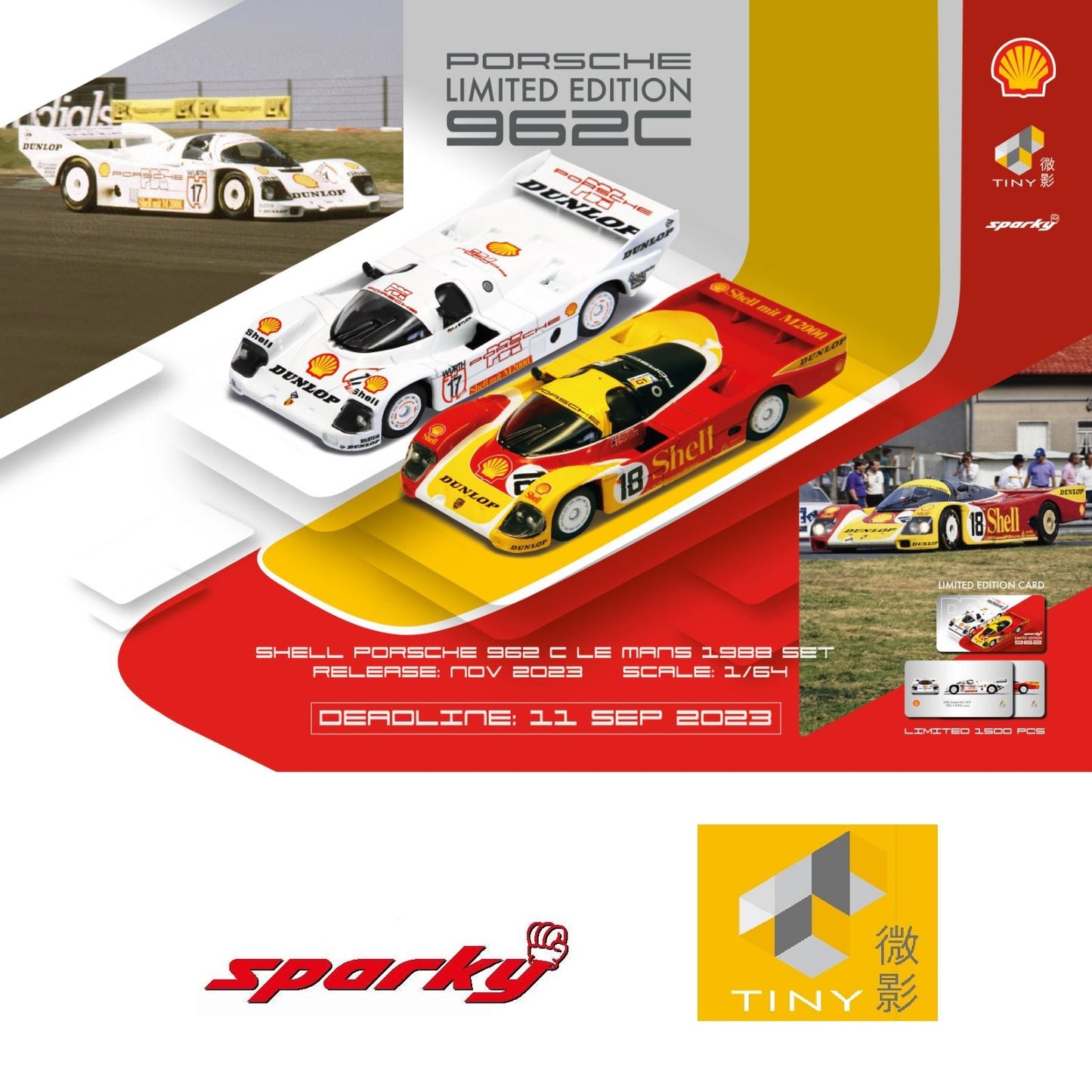 TINY x SPARKY 1/64 Porsche 962C SHELL COMBO - Le Mans 1988 #18 & DUNLOP SUPERCUP H.J.STUCK 1987 #17