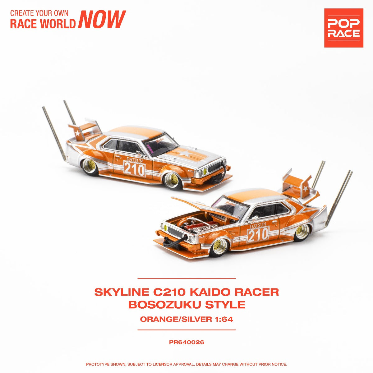 PREORDER POPRACE 1/64 Skyline C210 Kaido Racer - Bosozoku Style  Silver/Orange PR640026 (Approx. Release Date: Q4 2023 and subject to the 