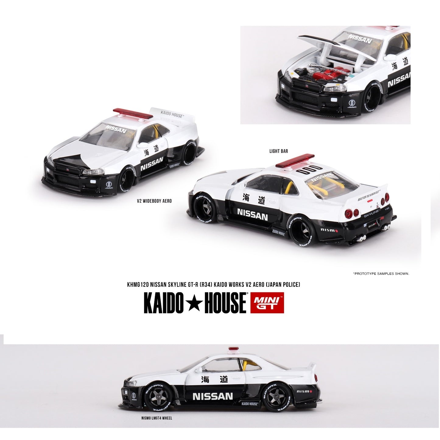 MINI GT x Kaido House 1/64 Nissan Skyline GT-R R34 Kaido Works (V2 Aero) Police KHMG120