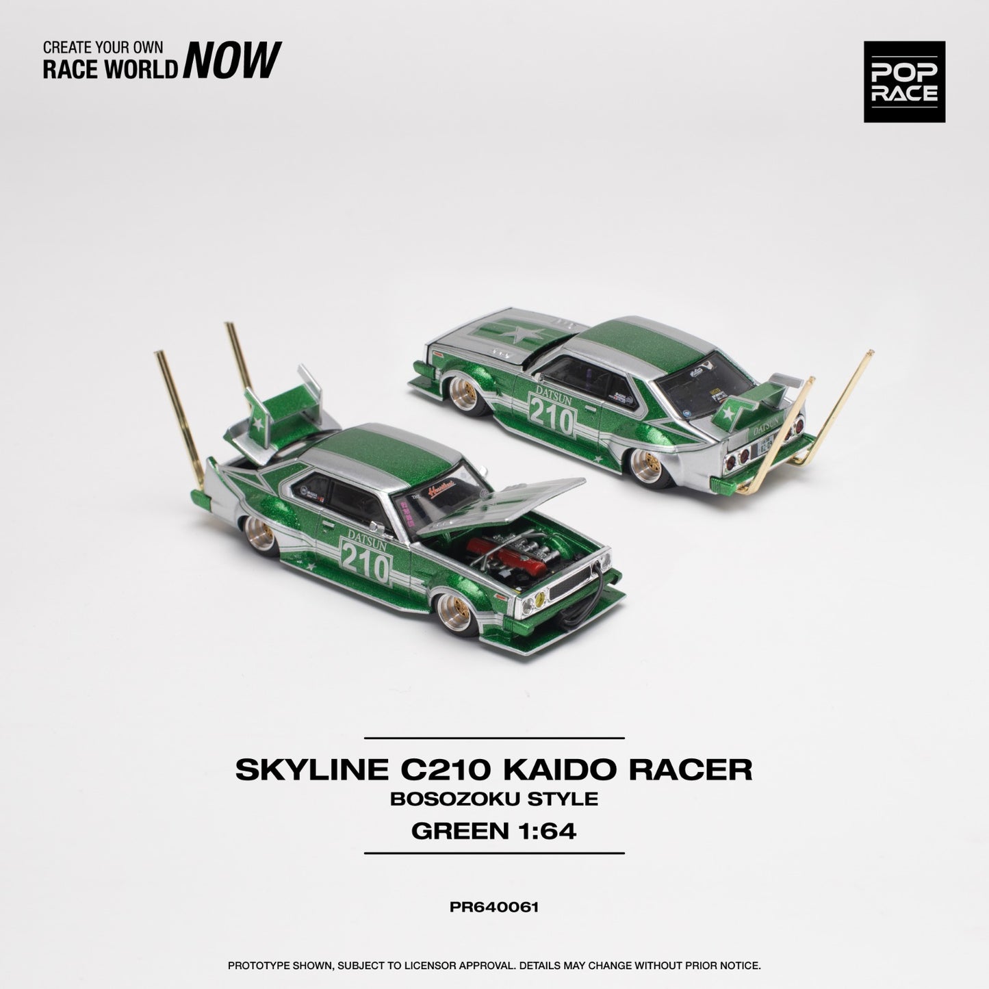 POPRACE 1/64 Skyline C210 Kaido Racer (Bosozoku Style) - Silver/Green PR640061