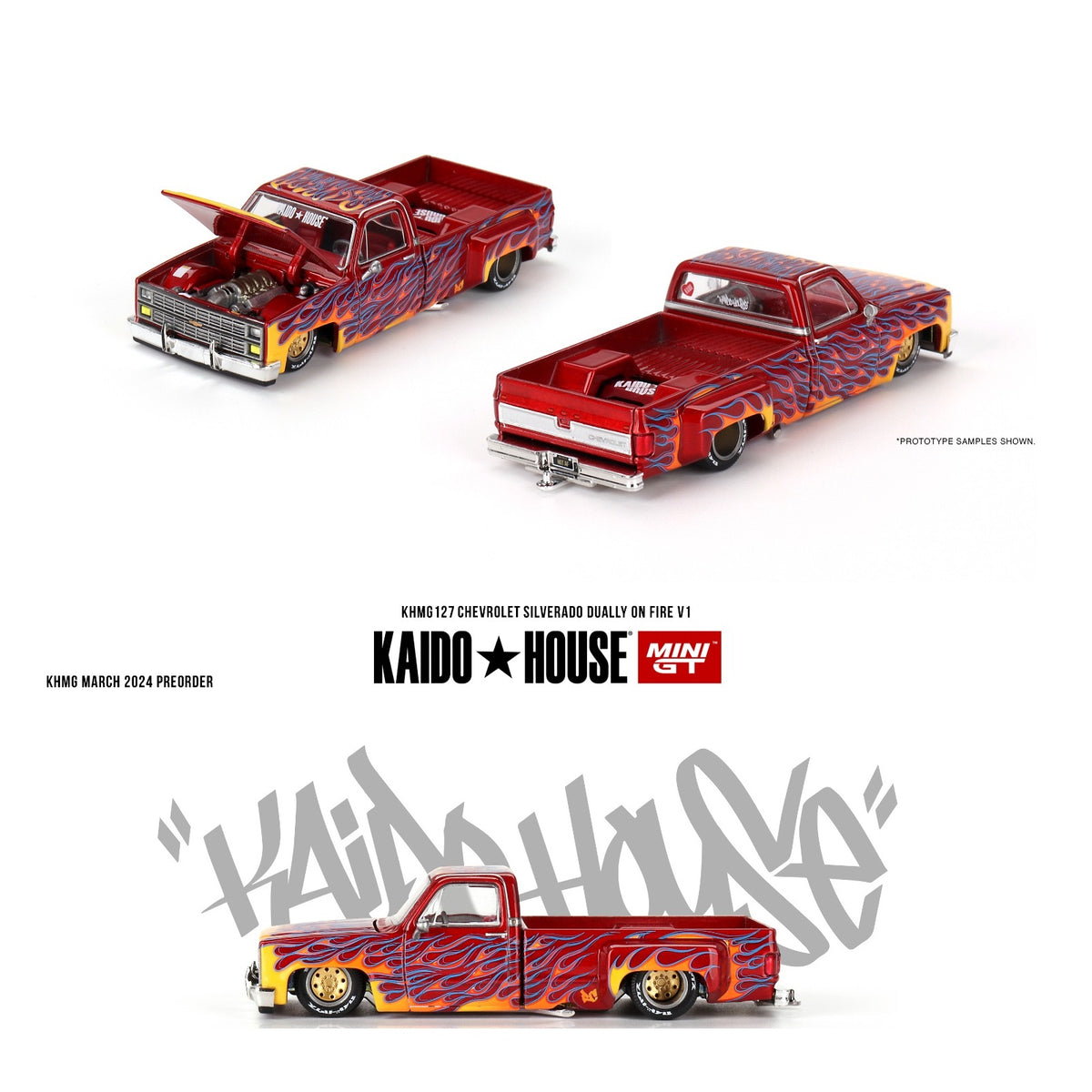 PREORDER MINI GT x Kaido House 1/64 Chevrolet Silverado Dually on Fire V1  KHMG127 (Approx. Release Date : Q2 2024 subject to manufacturer's final 