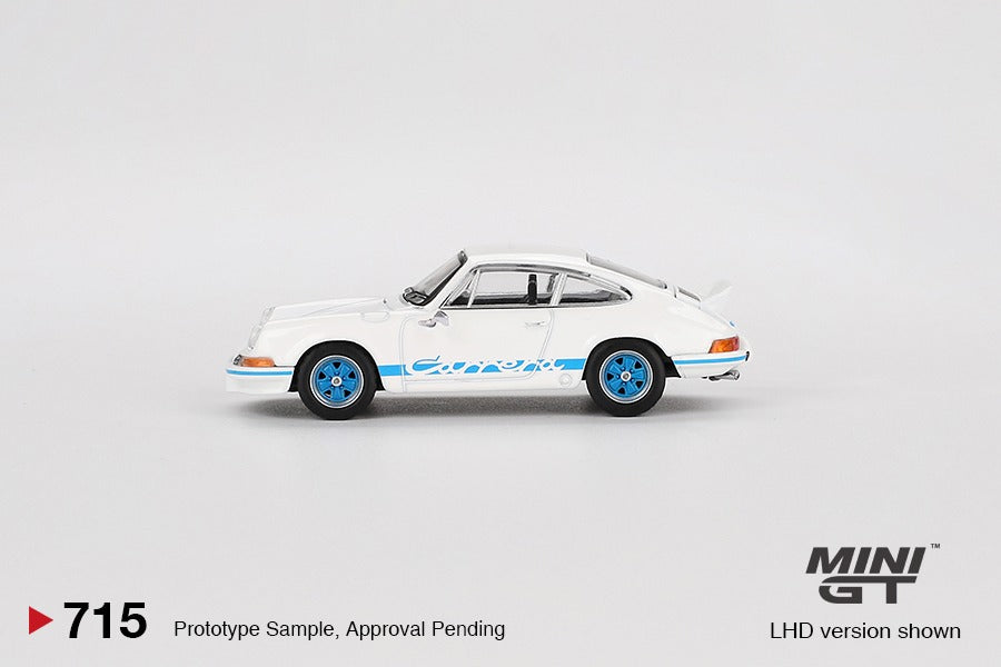 MINI GT 1/64 Porsche 911 Carrera RS 2.7 Grand Prix White with Blue Livery MGT00715-L
