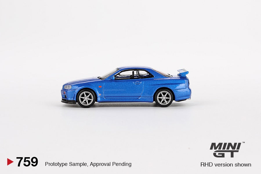 PREORDER MINI GT 1/64 Nissan Skyline GT-R (R34) V-Spec Bayside Blue RHD MGT00759-R (Approx. Release Date : Q3 2024 subject to manufacturer's final decision)