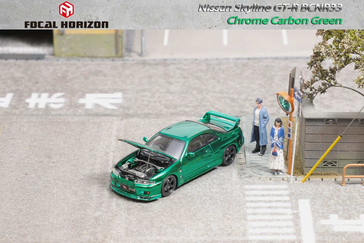 FOCAL HORIZON 1/64 Nissan GT-R R33 Chrome Green with Open Hood