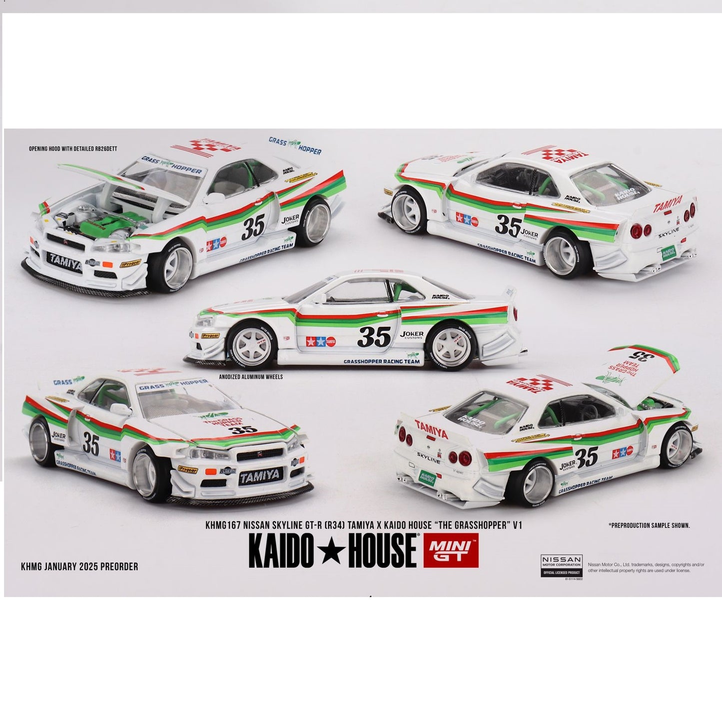 PREORDER MINI GT x Kaido House 1/64 Nissan Skyline GT-R (R34) TAMIYA x KAIDO HOUSE "The GRASSHOPPER" V1 KHMG167 (Approx. Release Date : Q2 2025 subject to manufacturer's final decision)