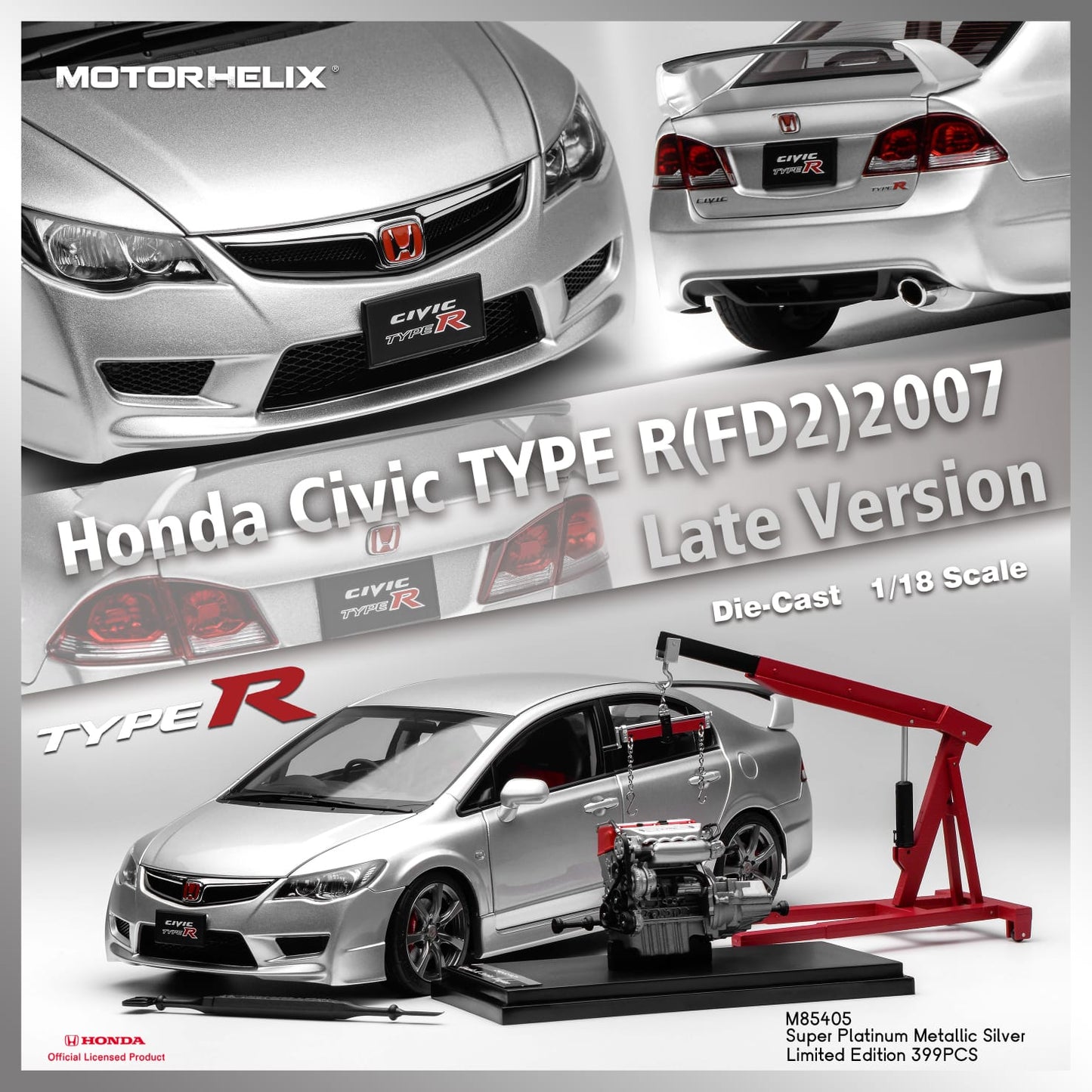 MOTORHELIX 1/18 Honda Civic Type R FD2 2007 Late Version Super Premium Deep Metallic Silver M85405