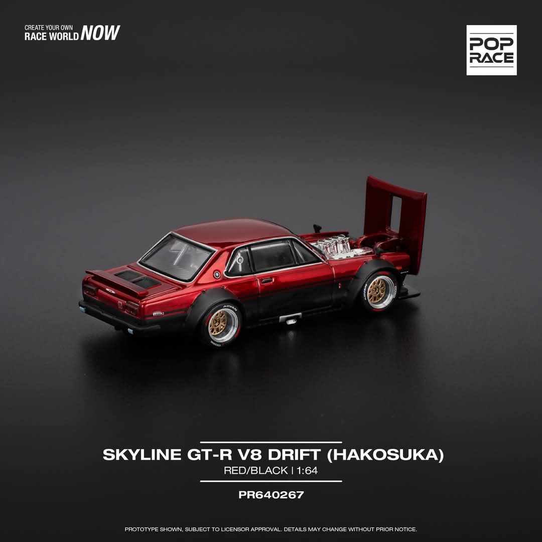 PREORDER POPRACE 1/64 SKYLINE GT-R V8 DRIFT (HAKOSUKA) - RED/BLACK PR640267 (Approx. Release Date: Q3 2025 and subject to the manufacturer's final decision)