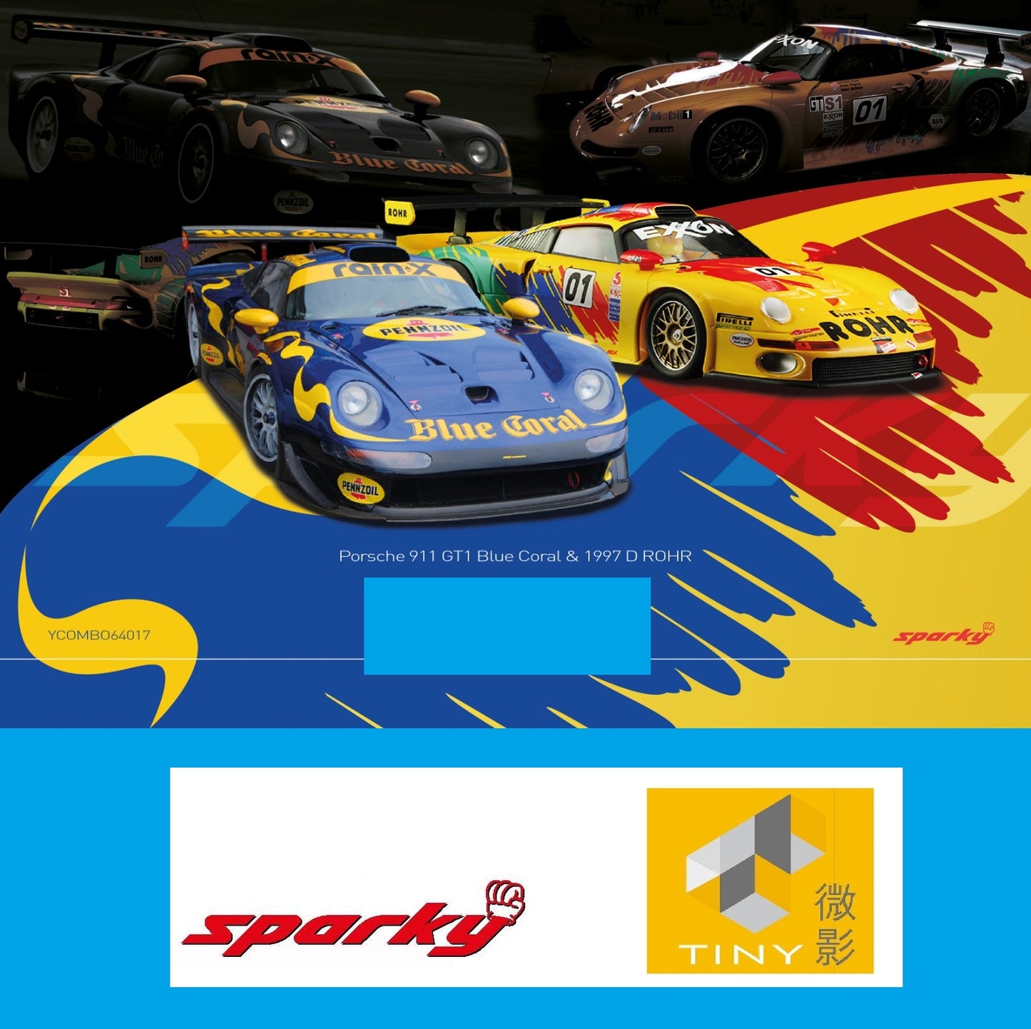 SPARKY x TINY 1/64 Porsche 911 GT1 Blue Coral & 1997 D ROHR (TINY Exclusive) YCOMBO64017