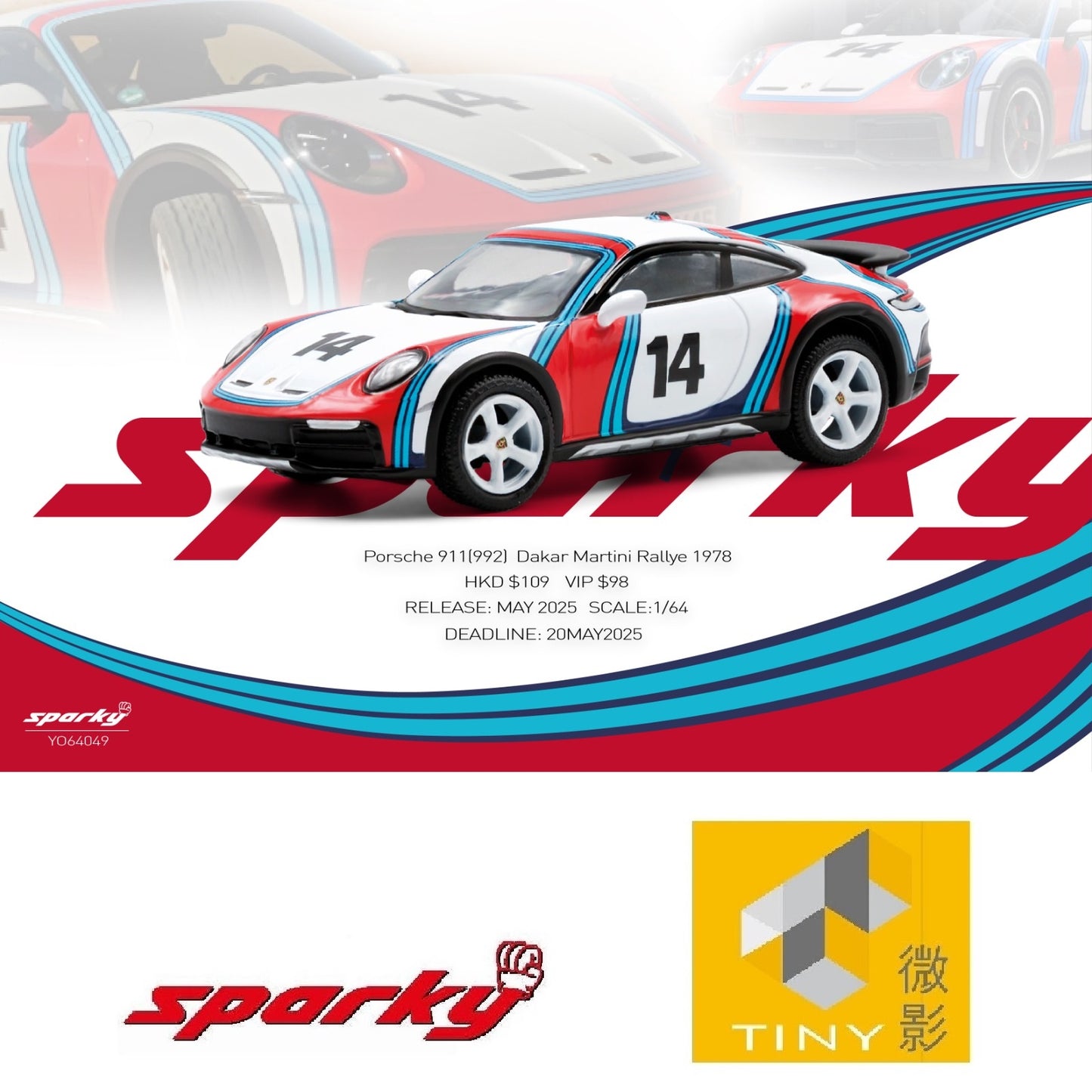 Sparky X Tiny 1/64 Porsche 911(992) Dakar Martini Rallye 1978 YO64049(Tiny Exclusive)