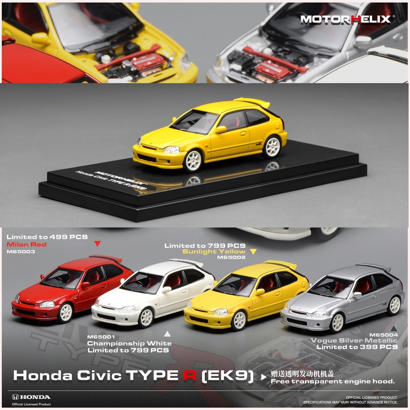 MOTORHELIX 1/64 Honda Civic TYPE R (EK9) - Sunlight Yellow Limited to 799 pcs MH65002