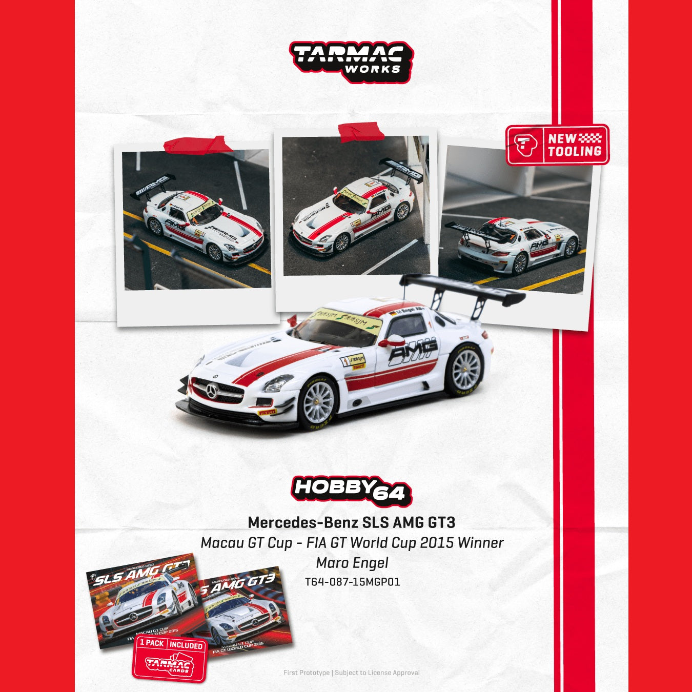PREORDER TARMAC HOBBY64 1/64 Mercedes-Benz SLS AMG GT3 Macau GT Cup - FIA GT World Cup 2015 Winner Maro Engel Model Car + Trading Cards Combo Set T64-087-15MGP01 (Approx. Release Date : MAY 2026 subject to manufacturer's final decision)